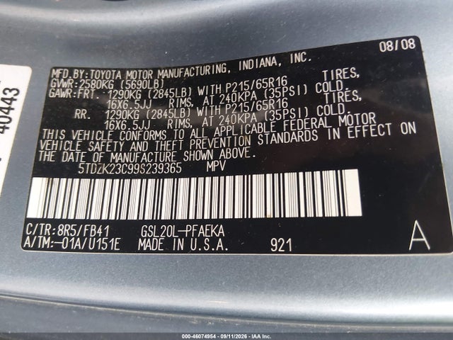 Продаж на аукціоні авто 2009 Toyota Sienna Ce, vin: 5TDZK23C99S239365, номер лоту: 46074954