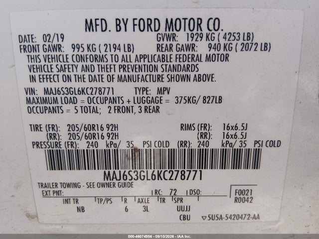 2019 Ford Ecosport Se მანქანა იყიდება აუქციონზე, vin: MAJ6S3GL6KC278771, აუქციონის ნომერი: 46074956