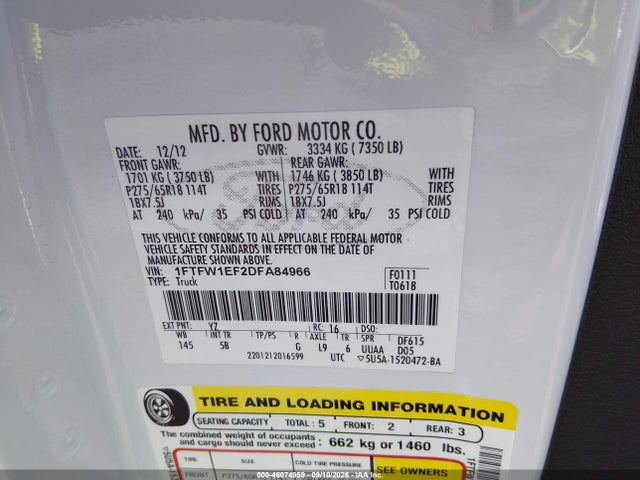 2013 Ford F-150 Fx4 მანქანა იყიდება აუქციონზე, vin: 1FTFW1EF2DFA84966, აუქციონის ნომერი: 46074959