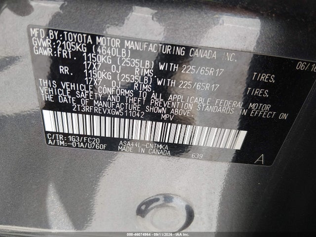 46074964 :رقم المزاد ، 2T3RFREVXGW511042 vin ، 2016 Toyota Rav4 Xle مزاد بيع