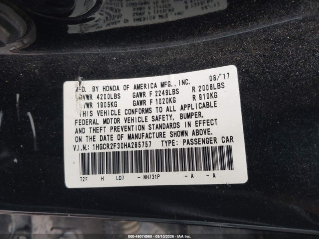 Aukcja sprzedaży 2017 Honda Accord Lx, vin: 1HGCR2F30HA285757, numer aukcji: 46074968