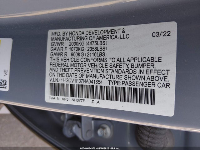 2022 Honda Accord Sport მანქანა იყიდება აუქციონზე, vin: 1HGCV1F37NA041654, აუქციონის ნომერი: 46074978