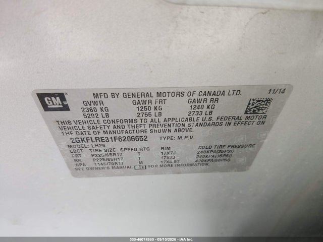Продажа на аукционе авто 2015 Gmc Terrain Sle-2, vin: 2GKFLRE31F6206652, номер лота: 46074990