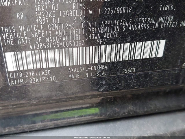 Aukcja sprzedaży 2021 Toyota Rav4 Hybrid Xle Premium, vin: 4T3B6RFV6MU050367, numer aukcji: 46074993