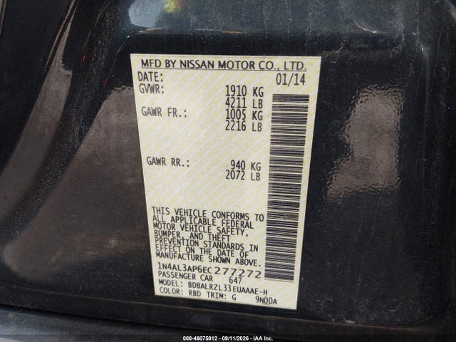 2014 Nissan Altima 2.5 S მანქანა იყიდება აუქციონზე, vin: 1N4AL3AP6EC277272, აუქციონის ნომერი: 46075012