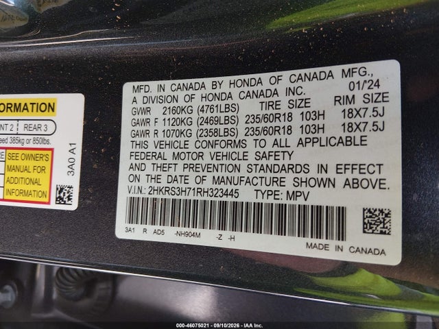 Продажа на аукционе авто 2024 Honda Cr-v Ex-l 2wd, vin: 2HKRS3H71RH323445, номер лота: 46075021