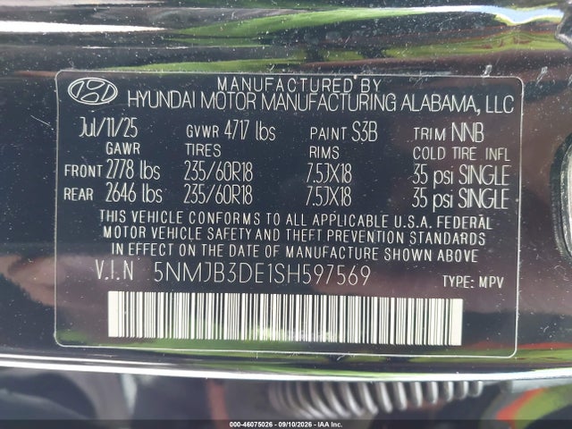 Aukcja sprzedaży 2025 Hyundai Tucson Sel, vin: 5NMJB3DE1SH597569, numer aukcji: 46075026