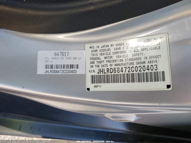 46075034 :رقم المزاد ، JHLRD68472C020403 vin ، 2002 Honda Cr-v Lx مزاد بيع