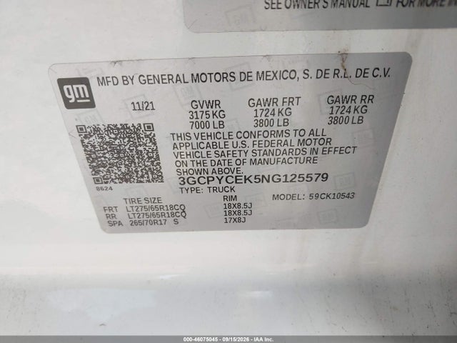 46075045 :رقم المزاد ، 3GCPYCEK5NG125579 vin ، 2022 Chevrolet Silverado 1500 Ltd 4wd  Short Bed Custom Trail Boss مزاد بيع