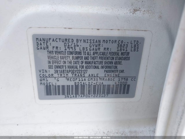46075050 :رقم المزاد ، 3N1AB7AP0GY223127 vin ، 2016 Nissan Sentra Fe+ S/s/sl/sr/sv مزاد بيع