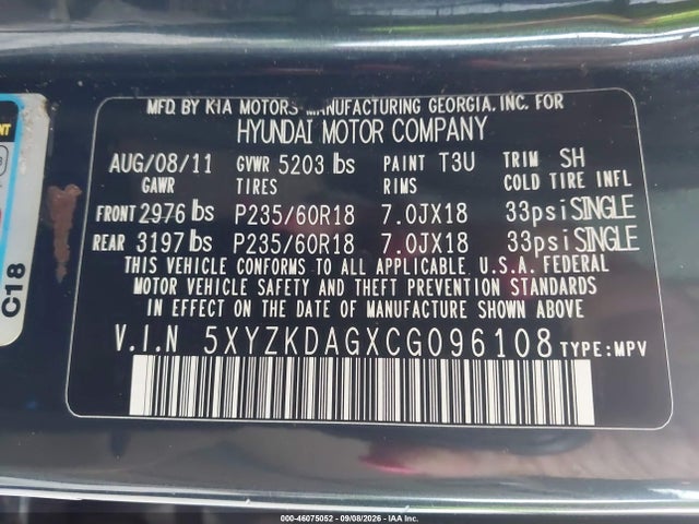 Aukcja sprzedaży 2012 Hyundai Santa Fe Limited V6, vin: 5XYZKDAGXCG096108, numer aukcji: 46075052
