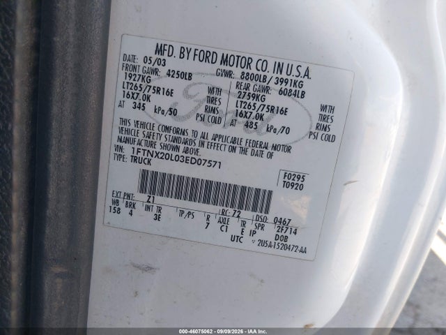 Aukcja sprzedaży 2003 Ford F-250 Lariat/xl/xlt, vin: 1FTNX20L03ED07571, numer aukcji: 46075062
