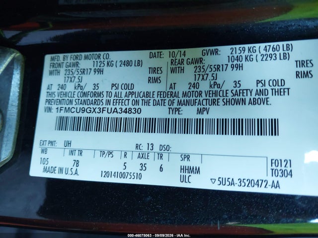2015 Ford Escape Se მანქანა იყიდება აუქციონზე, vin: 1FMCU9GX3FUA34830, აუქციონის ნომერი: 46075063