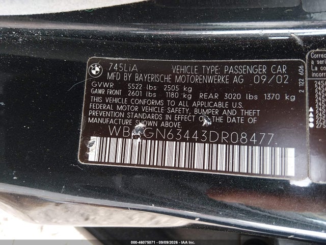 Aukcja sprzedaży 2003 Bmw 745li, vin: WBAGN63443DR08477, numer aukcji: 46075071