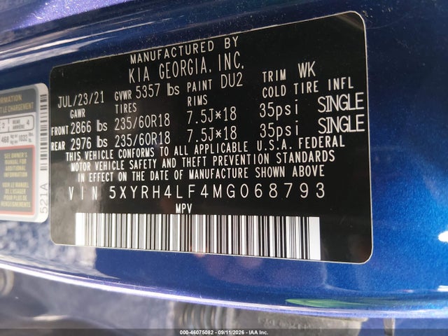 46075082 :رقم المزاد ، 5XYRH4LF4MG068793 vin ، 2021 Kia Sorento Ex مزاد بيع