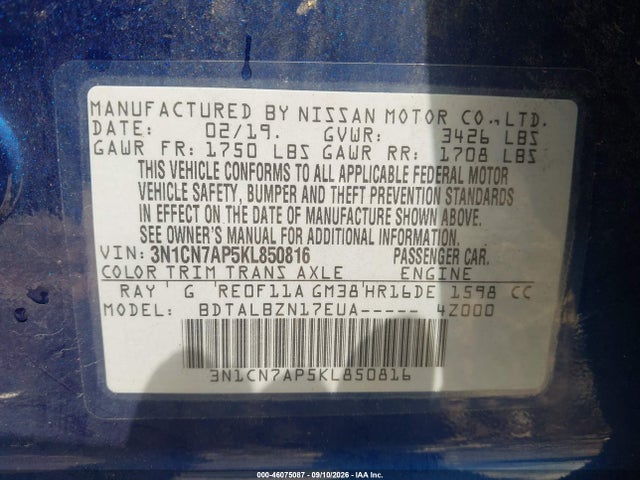 Aukcja sprzedaży 2019 Nissan Versa 1.6 Sv, vin: 3N1CN7AP5KL850816, numer aukcji: 46075087