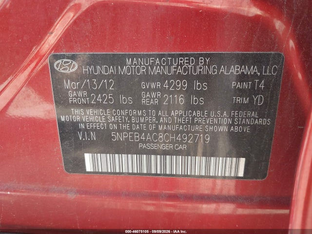 Aukcja sprzedaży 2012 Hyundai Sonata Gls, vin: 5NPEB4AC8CH492719, numer aukcji: 46075105