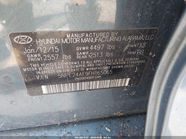 46075107 :رقم المزاد ، 5NPE24AF9FH165065 vin ، 2015 Hyundai Sonata Se مزاد بيع