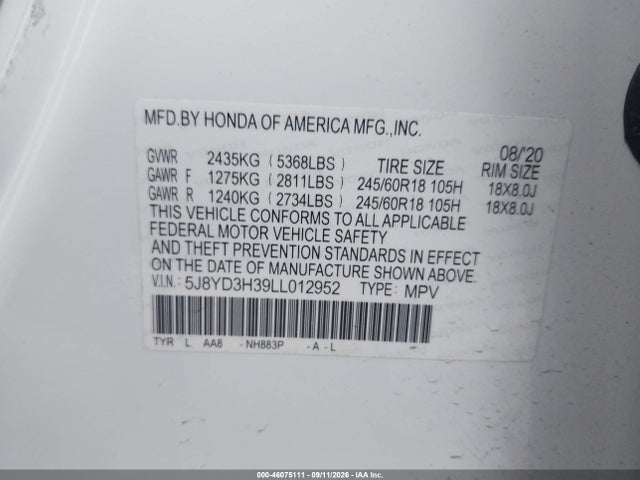 Продажа на аукционе авто 2020 Acura Mdx Standard, vin: 5J8YD3H39LL012952, номер лота: 46075111
