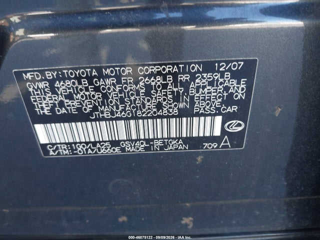 2008 Lexus Es 350 მანქანა იყიდება აუქციონზე, vin: JTHBJ46G182204838, აუქციონის ნომერი: 46075122