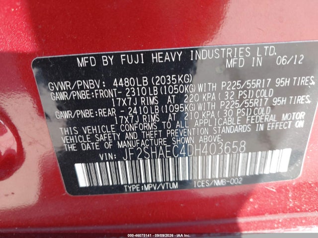 2013 Subaru Forester 2.5x Limited მანქანა იყიდება აუქციონზე, vin: JF2SHAEC4DH403658, აუქციონის ნომერი: 46075141
