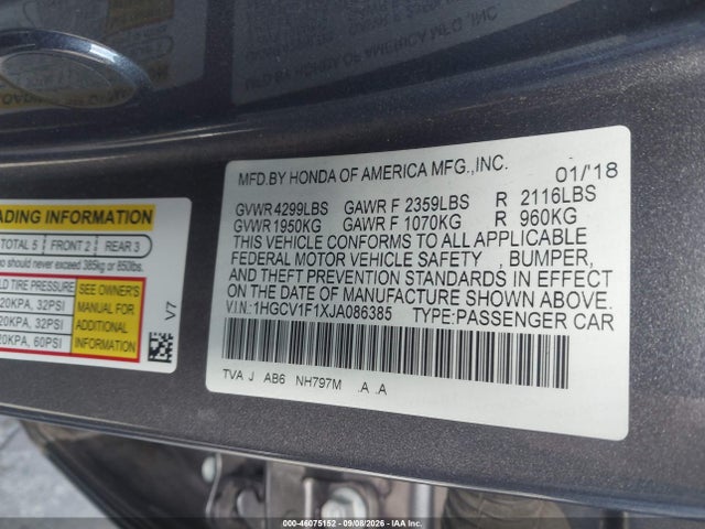 46075152 :رقم المزاد ، 1HGCV1F1XJA086385 vin ، 2018 Honda Accord Lx مزاد بيع