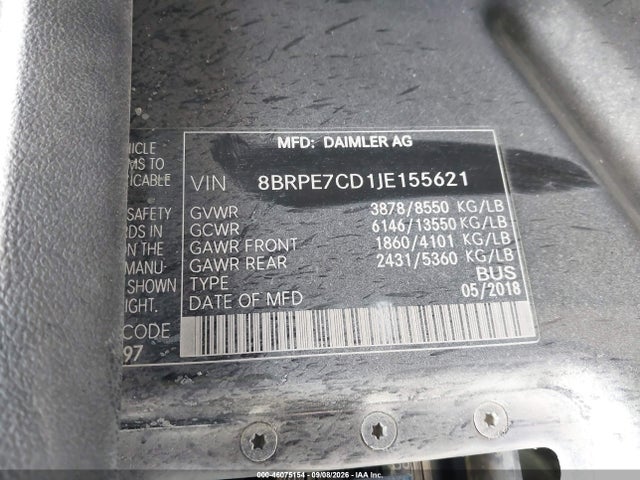 2018 Mercedes-benz Sprinter 2500 Standard Roof V6 მანქანა იყიდება აუქციონზე, vin: 8BRPE7CD1JE155621, აუქციონის ნომერი: 46075154