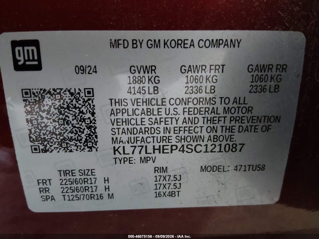 Aukcja sprzedaży 2025 Chevrolet Trax 1lt, vin: KL77LHEP4SC121087, numer aukcji: 46075156