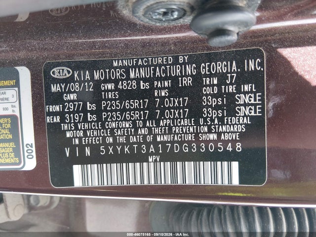 2013 Kia Sorento Lx მანქანა იყიდება აუქციონზე, vin: 5XYKT3A17DG330548, აუქციონის ნომერი: 46075165