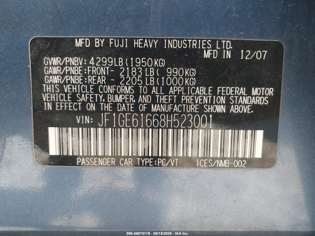 Продажа на аукционе авто 2008 Subaru Impreza 2.5i, vin: JF1GE61668H523001, номер лота: 46075176