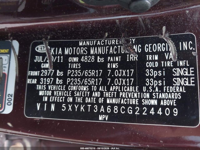 Продаж на аукціоні авто 2012 Kia Sorento Lx, vin: 5XYKT3A68CG224409, номер лоту: 46075218