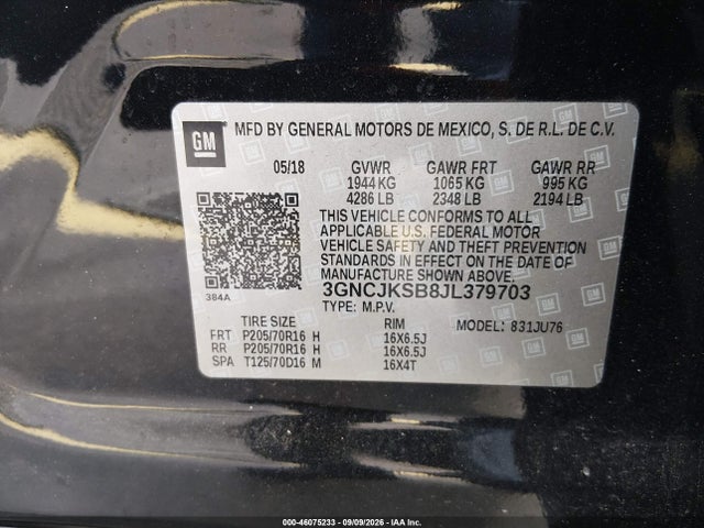 Aukcja sprzedaży 2018 Chevrolet Trax Ls, vin: 3GNCJKSB8JL379703, numer aukcji: 46075233