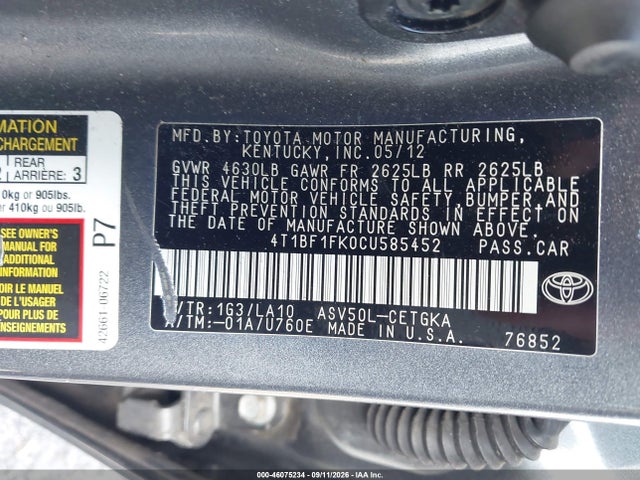 46075234 :رقم المزاد ، 4T1BF1FK0CU585452 vin ، 2012 Toyota Camry Xle مزاد بيع
