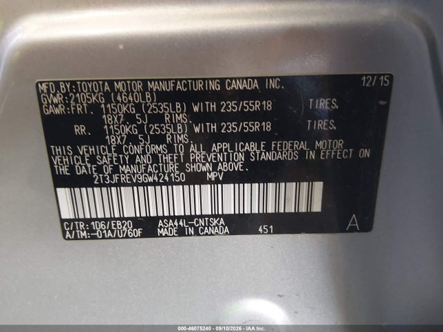 46075240 :رقم المزاد ، 2T3JFREV9GW424150 vin ، 2016 Toyota Rav4 Se مزاد بيع