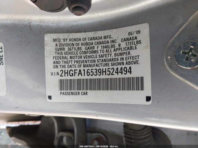 Продажа на аукционе авто 2009 Honda Civic Lx, vin: 2HGFA16539H524494, номер лота: 46075241