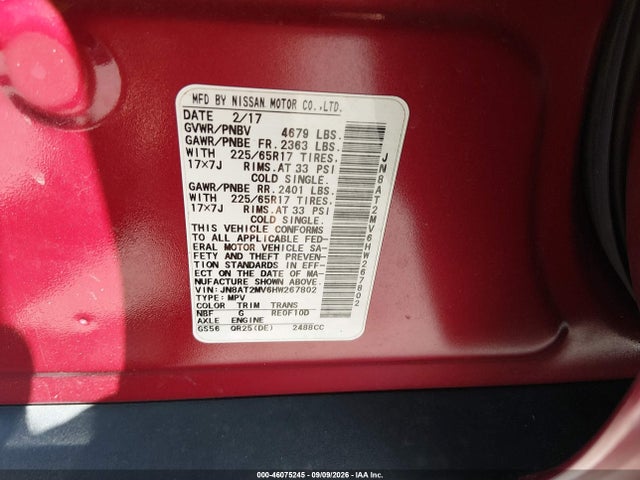 46075245 :رقم المزاد ، JN8AT2MV6HW267802 vin ، 2017 Nissan Rogue Sv مزاد بيع