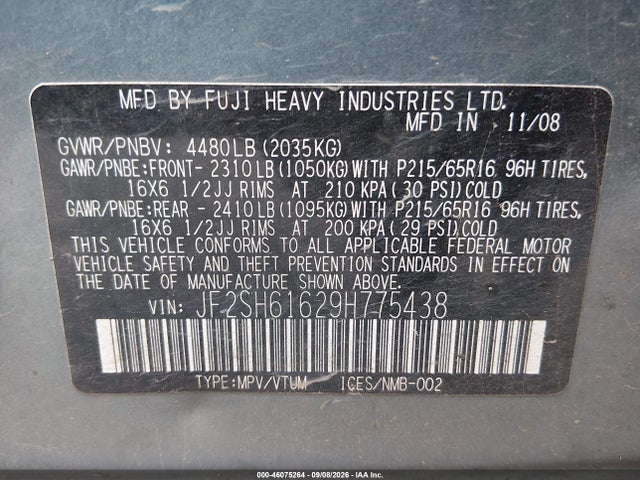 Aukcja sprzedaży 2009 Subaru Forester 2.5x, vin: JF2SH61629H775438, numer aukcji: 46075264