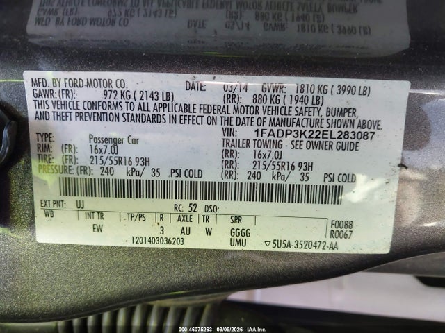 2014 Ford Focus Se მანქანა იყიდება აუქციონზე, vin: 1FADP3K22EL283087, აუქციონის ნომერი: 46075263