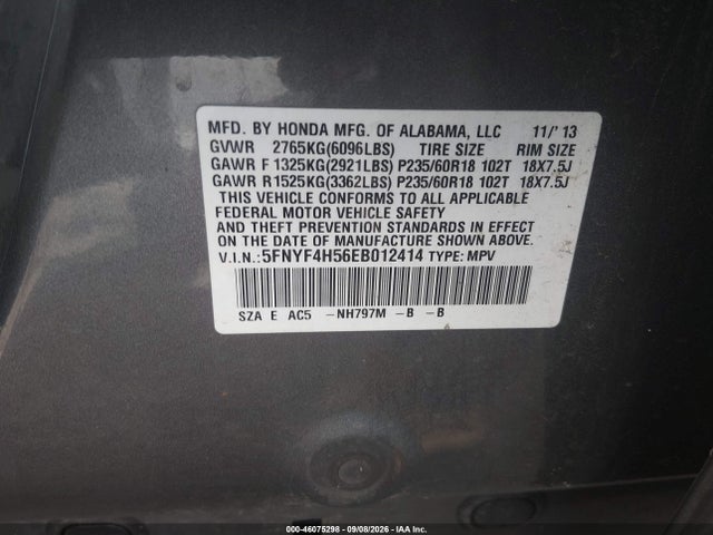 Auction sale of the 2014 Honda Pilot Ex-l, vin: 5FNYF4H56EB012414, lot number: 46075298