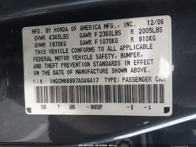 Продажа на аукционе авто 2007 Honda Accord 3.0 Ex, vin: 1HGCM66897A046417, номер лота: 46075305