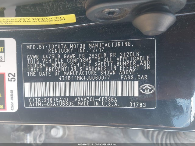 Aukcja sprzedaży 2018 Toyota Camry Se, vin: 4T1B11HK4JU060077, numer aukcji: 46075326
