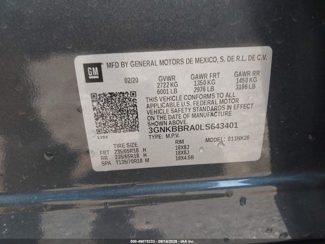 Aukcja sprzedaży 2020 Chevrolet Blazer Fwd 1lt, vin: 3GNKBBRA0LS643401, numer aukcji: 46075333