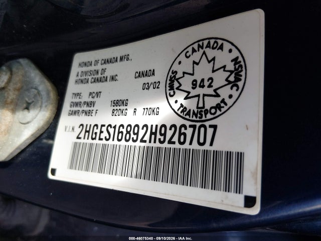 Aukcja sprzedaży 2002 Honda Civic Lx-g, vin: 2HGES16892H926707, numer aukcji: 46075340