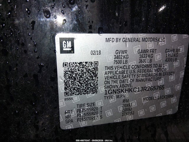 2018 Chevrolet Suburban Lt მანქანა იყიდება აუქციონზე, vin: 1GNSKHKC1JR265765, აუქციონის ნომერი: 46075347