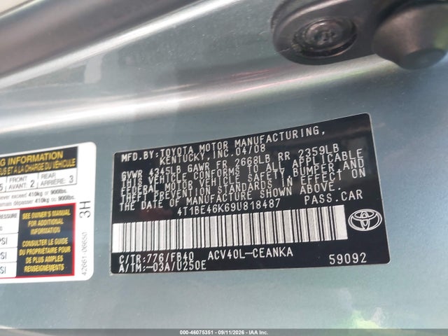 2009 Toyota Camry Se/le/xle მანქანა იყიდება აუქციონზე, vin: 4T1BE46K69U818487, აუქციონის ნომერი: 46075351