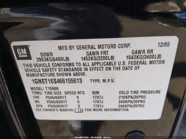 2006 Chevrolet Trailblazer Ext Ls მანქანა იყიდება აუქციონზე, vin: 1GNET16S466155613, აუქციონის ნომერი: 46075359