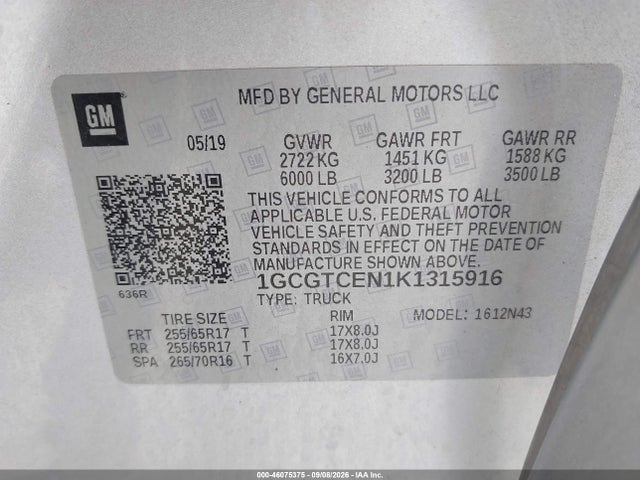 Aukcja sprzedaży 2019 Chevrolet Colorado Lt, vin: 1GCGTCEN1K1315916, numer aukcji: 46075375