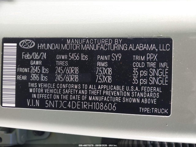 2024 Hyundai Santa Cruz Sel მანქანა იყიდება აუქციონზე, vin: 5NTJC4DE1RH108606, აუქციონის ნომერი: 46075379