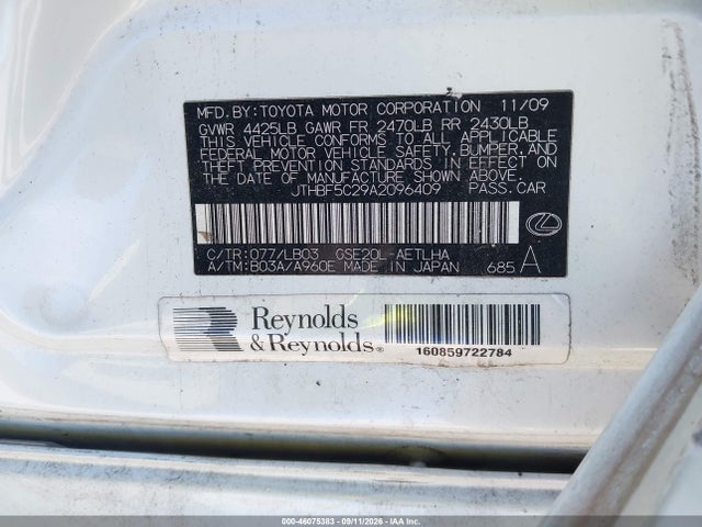 46075383 :رقم المزاد ، JTHBF5C29A2096409 vin ، 2010 Lexus Is 250 مزاد بيع