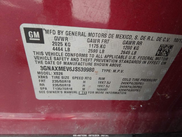 Aukcja sprzedaży 2018 Chevrolet Equinox Premier, vin: 3GNAXMEV6JS539980, numer aukcji: 46075398